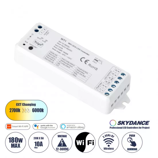 GloboStar® 71468 WT1 SKYDANCE DC WiFi & RF 2.4Ghz Dimmer High Speed Controller 2 Καναλιών DC 12-36V 2 x 5A 180W - Max 10A 180W - IP20 Μ11.5 x Π3.5 x Υ2cm - 5 Years Warranty