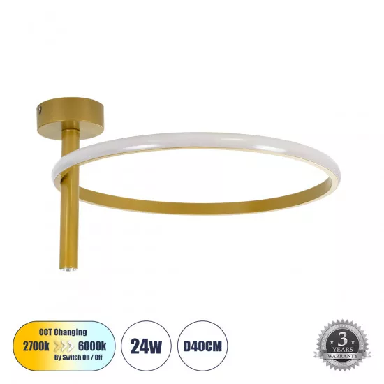 GloboStar® VERONA 61222 Φωτιστικό Οροφής Δαχτυλίδι-Κύκλος LED CCT 24W 2688lm 360° AC 220-240V - Εναλλαγή Φωτισμού μέσω Διακόπτη On/Off All In One Ψυχρό 6000k+Φυσικό 4500k+Θερμό 2700k Φ40 x Υ23cm - Χρυσό - 3 Χρόνια Εγγύηση