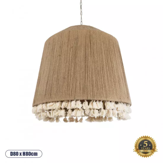 GloboStar® STARVALLEY 02093 Boho Κρεμαστό Φωτιστικό Οροφής Μονόφωτο 3 x E27 AC220-240V IP20 - Φ80 x Υ80cm - Μπεζ Λεπτό Σχοινί Τριχιά Πλέγμα - 5 Χρόνια Εγγύηση