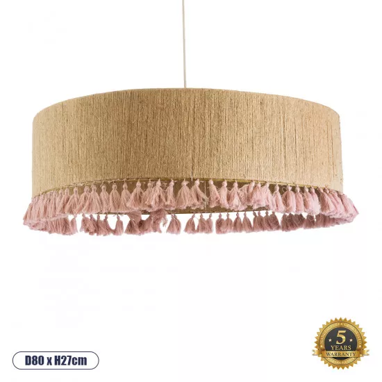 GloboStar® PUERTORICO 02097 Boho Κρεμαστό Φωτιστικό Οροφής Τρίφωτο 3 x E27 AC220-240V IP20 - Φ80 x Υ27cm - Μπεζ με Ροζ Λεπτό Νήμα Πλέγμα Βαμβακερό Καπέλο - 5 Χρόνια Εγγύηση