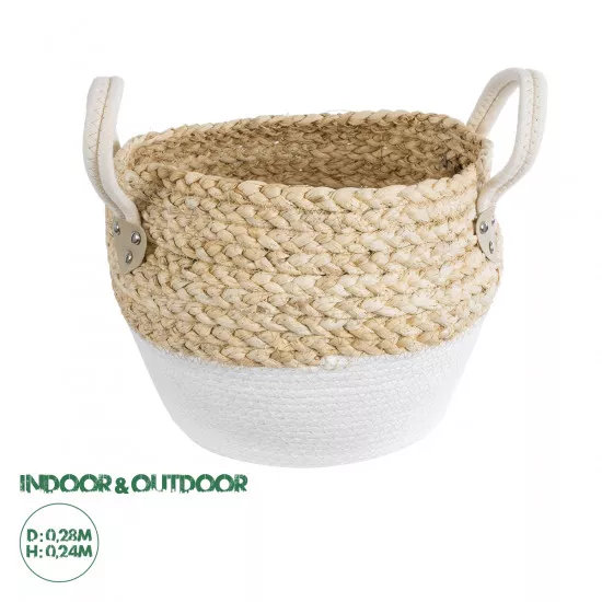 GloboStar® Artificial Garden SANTORINI 20576 Διακοσμητικό Πλεκτό Κασπώ Γλάστρα - Flower Pot Μπεζ με Λευκό Φ28 x Υ24cm