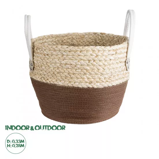 GloboStar® Artificial Garden CAROLINA 20580 Διακοσμητικό Πλεκτό Κασπώ Γλάστρα - Flower Pot Μπεζ με Καφέ και Λευκό Φ33 x Υ28cm