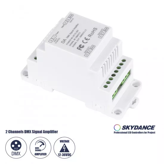 GloboStar® 73137 DA SKYDANCE DC DMX512 Signal Amplifier Din Rail Ράγας 2 Καναλιών DC 12-48V - IP20  Μ11.5 x Π5 x Υ6.5cm - 5 Χρόνια Εγγύηση