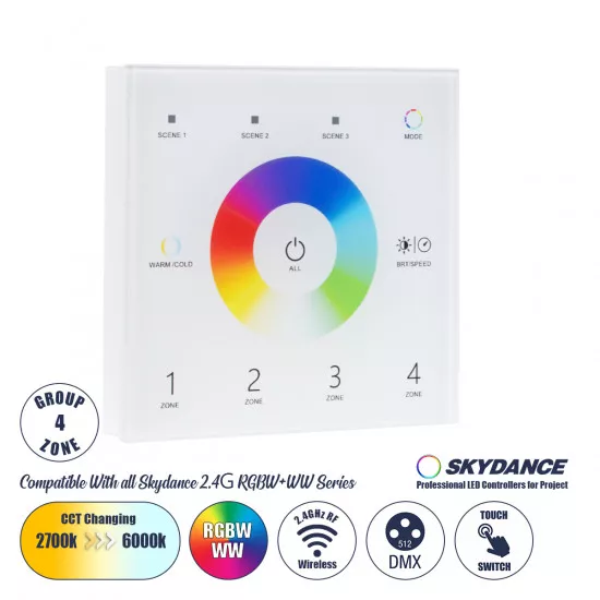 GloboStar® 73162 T15 SKYDANCE Ασύρματο DMX512 Επιτοίχιο Χειριστήριο RF 2.4Ghz 4 Group για όλα τα SKYDANCE DMX512 Controller AC 100-240V Max 0.1A - IP20 Μ8.5 x Μ8.5 x Π8.5 x Υ3.5cm - 5 Χρόνια Εγγύηση