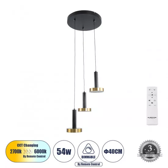 GLOBOSTAR® ZANE 60934 Κρεμαστό Φωτιστικό Design LED CCT 54W 6048lm 120° AC 220-240V IP20 - Εναλλαγή Φωτισμού μέσω Τηλεχειριστηρίου All In One Ψυχρό 6000k+Φυσικό 4500k+Θερμό 2700k Dimmable - Φ60 x Υ18cm - Μαύρο & Χρυσό - 3 Χρόνια Εγγύηση