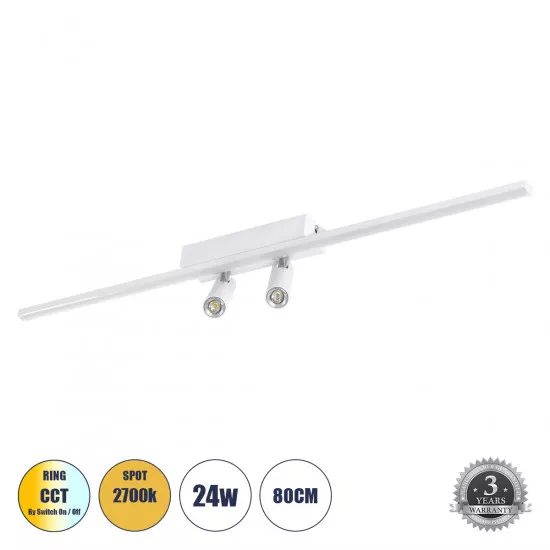 GLOBOSTAR® BARETTI 61227 Φωτιστικό Οροφής Linear Design LED CCT με Κινούμενα Σποτ LED Downlight 24W 2688lm 160° & 45° AC 220-240V IP20  - Εναλλαγή Φωτισμού μέσω Διακόπτη On/Off All In One Ψυχρό 6000k+Φυσικό 4500k+Θερμό 2700k Dimmable - Μ80 x Π5.5 x Υ5 cm 