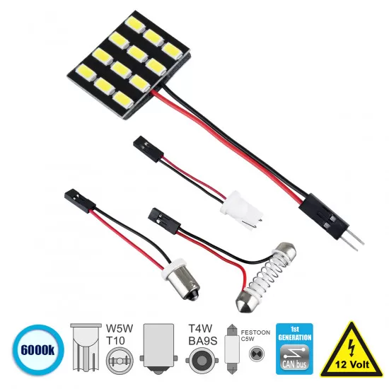 GloboStar® 81402 Λάμπα Αυτοκινήτου LED PCB PLATE - T10 - W5W - BA9S - T4W - FESTOON - C5W 1st Generation Series LED 12 SMD 5630 4W 600lm 120° DC 12V IP20 Ψυχρό Λευκό 6000K