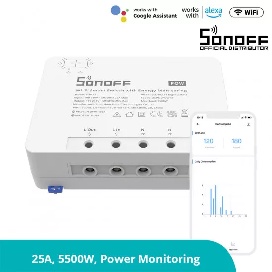 GloboStar® 80060 SONOFF POWR3 - Wi-Fi Smart High Power Switch - 25A/5500W