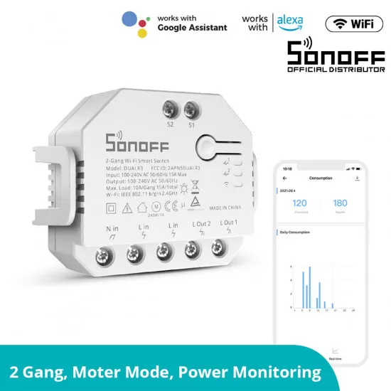 GloboStar® 80062 SONOFF DUALR3 Lite - Wi-Fi Smart Dual Relay Two Way Power Metering - Smart Switch