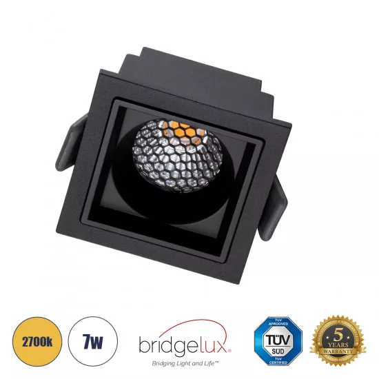 GloboStar® PLUTO-S 60269 Χωνευτό LED Spot Downlight TrimLess Μ6.4xΠ6.4cm 7W 875lm 38° AC 220-240V IP20 Μ6.4 x Π6.4 x Υ4.9cm - Τετράγωνο - Μαύρο & Anti-Glare HoneyComb - Θερμό Λευκό 2700K - Bridgelux COB - 5 Years Warranty