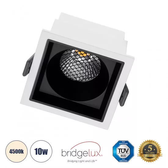 GloboStar® PLUTO-M 60270 Χωνευτό LED Spot Downlight TrimLess Μ8.4xΠ8.4cm 10W 1300lm 38° AC 220-240V IP20 Μ8.4 x Π8.4 x Υ5.9cm - Τετράγωνο - Λευκό με Μαύρο Κάτοπτρο & Anti-Glare HoneyComb - Φυσικό Λευκό 4500K - Bridgelux COB - 5 Years Warranty