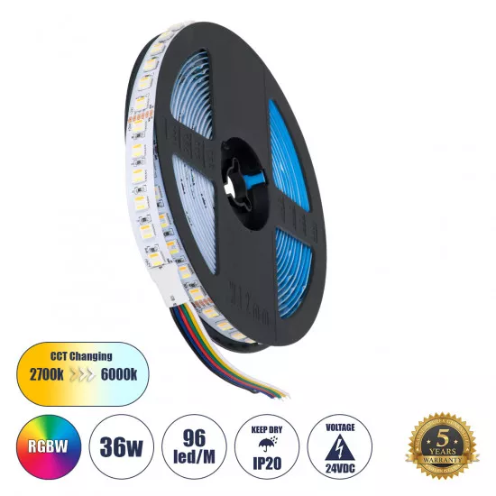 GloboStar® 70264 Ταινία LED SMD 5050 RGBW + WW 5in1 5m 36W/m 72LED/m 120° DC 24V IP20 3600lm/m Πολύχρωμη RGB - Ψυχρό Λευκό 6000K - Φυσικό Λευκό 4500K - Θερμό Λευκό 2700K - 5 Χρόνια Εγγύηση