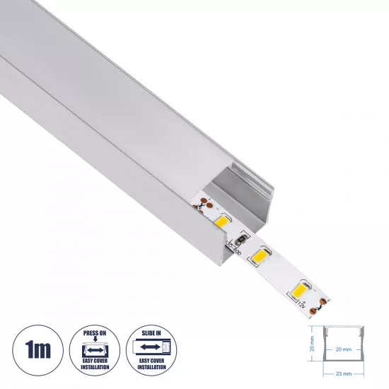 GloboStar® 70867-1M Επιφανειακό Προφίλ Αλουμινίου Ανοδιωμένο με Λευκό Οπάλ Κάλυμμα για έως 2 Σειρές Ταινίας LED Πατητό - Press On 1 Μέτρο