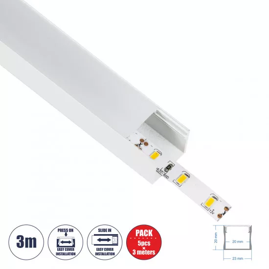 GloboStar® 70868-3M Επιφανειακό Προφίλ Αλουμινίου Λευκό με Λευκό Οπάλ Κάλυμμα για έως 2 Σειρές Ταινίας LED Πατητό - Press On Πακέτο 5 Τεμάχια των 3 Μέτρων