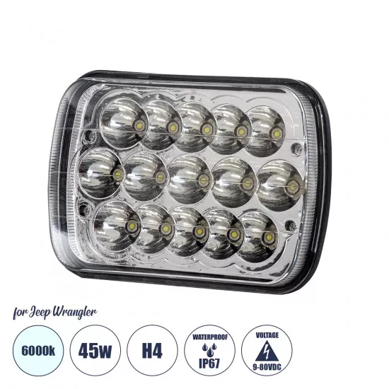 GloboStar® 85421 Φανάρι JEEP WRANGLER Βασικού Φωτισμού H4 H/L LED CREE CXB COB 45W 4500lm DC 9-80V Αδιάβροχο IP67 Ψυχρό Λευκό 6000K Μ17 x Π11 x Υ5.5cm