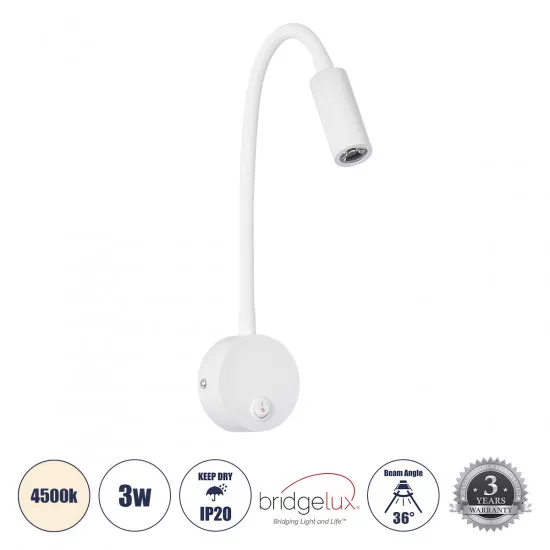 GloboStar® GOOSE 60876 Μοντέρνο Φωτιστικό Τοίχου - Απλίκα Ξενοδοχείου Bed Side LED 3W 300lm 36° AC 220-240V - Reading Light - Μ6.5 x Π15 x Υ24.5cm - Φυσικό Λευκό 4500K - Λευκό