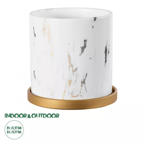 GloboStar® Artificial Garden RODOS 20460 Πήλινο Κεραμικό Κασπώ Γλάστρα - Flower Pot Λευκό με Χρυσό Φ17cm x Υ17cm