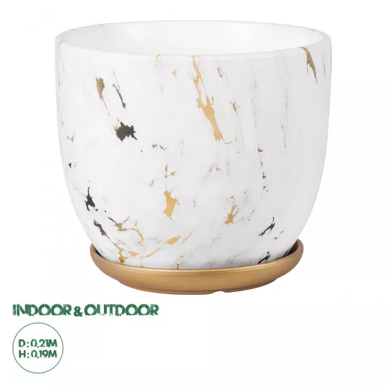 GloboStar® Artificial Garden RODOS 20461 Πήλινο Κεραμικό Κασπώ Γλάστρα - Flower Pot Λευκό με Χρυσό Φ21cm x Υ19cm