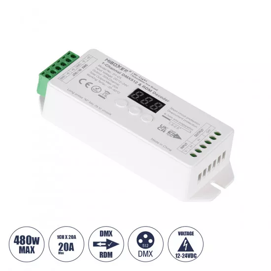 GloboStar® 71424 D1-CX Mi-BOXER DC DMX & RDM Dimmer High Speed Controller / Decoder 1 Καναλιού DC 12-24V 1 x 20A 480W - Max 20A 480W - IP20 Μ13 x Π5 x Υ2.5cm - 5 Years Warranty