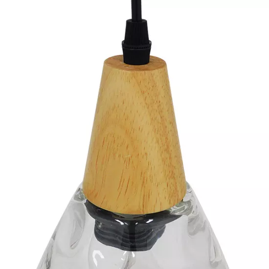 GloboStar® NOAH 01491 Μοντέρνο Κρεμαστό Φωτιστικό Οροφής Μονόφωτο Γυάλινο με Ξύλο Διάφανο Φ16 x Υ30cm