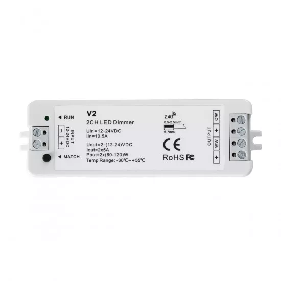 GloboStar® 71564 V2 SKYDANCE DC RF 2.4Ghz Dimmer High Speed Controller 2 Καναλιών DC 12-24V 2 x 5A 120W - Max 10.5A 252W - IP20 Μ10 x Π3.5 x Υ2cm - 5 Years Warranty