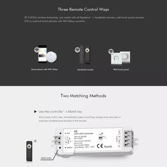 GloboStar® 71564 V2 SKYDANCE DC RF 2.4Ghz Dimmer High Speed Controller 2 Καναλιών DC 12-24V 2 x 5A 120W - Max 10.5A 252W - IP20 Μ10 x Π3.5 x Υ2cm - 5 Years Warranty