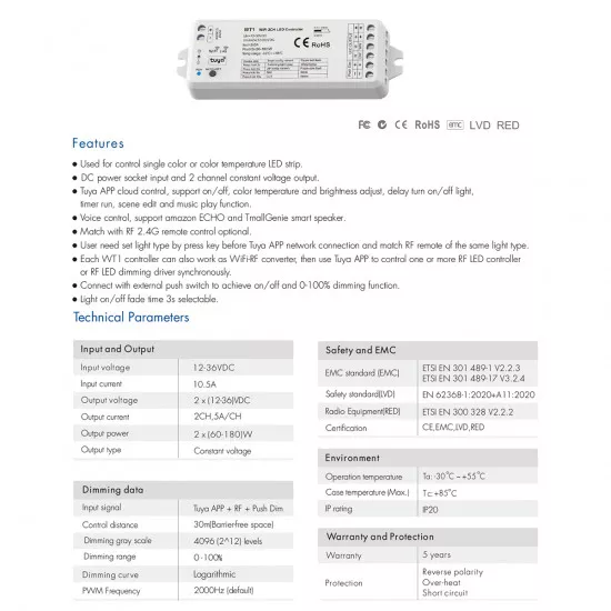 GloboStar® 71468 WT1 SKYDANCE DC WiFi & RF 2.4Ghz Dimmer High Speed Controller 2 Καναλιών DC 12-36V 2 x 5A 180W - Max 10A 180W - IP20 Μ11.5 x Π3.5 x Υ2cm - 5 Years Warranty