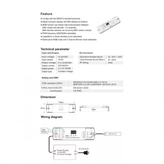 GloboStar® 71447 D3-L SKYDANCE DC DMX & RDM Dimmer High Speed Controller / Decoder 3 Καναλιών DC 12-24V 3 x 6A 144W - Max 18.5A 432W - IP20 Μ17 x Π5 x Υ2.5cm - 5 Years Warranty