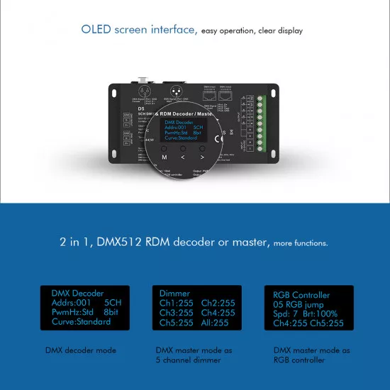 GloboStar® 71448 D5 SKYDANCE DC DMX & RDM Dimmer High Speed Controller / Decoder 5 Καναλιών DC 12-24V 5 x 6A 144W - Max 30A 864W - IP20 Μ17 x Π8 x Υ4cm - 5 Years Warranty