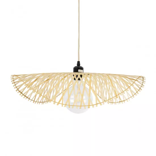 GloboStar® MELEMELE 01840 Boho Κρεμαστό Φωτιστικό Οροφής Μονόφωτο 1 x E27 AC220-240V IP20 - Φ50 x Υ7cm - Μπεζ Ξύλινο Μπαμπού Πλέγμα - 5 Χρόνια Εγγύηση