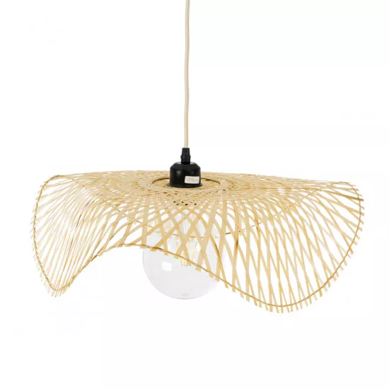 GloboStar® MELEMELE 01840 Boho Κρεμαστό Φωτιστικό Οροφής Μονόφωτο 1 x E27 AC220-240V IP20 - Φ50 x Υ7cm - Μπεζ Ξύλινο Μπαμπού Πλέγμα - 5 Χρόνια Εγγύηση