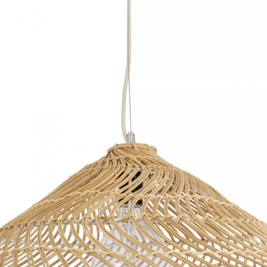 GloboStar® KAIA 02347 Boho Κρεμαστό Φωτιστικό Οροφής Μονόφωτο 1 x E27 AC220-240V IP20 - Φ80 x Υ26cm - Μπεζ Ξύλινο Μπαμπού Πλέγμα Καμπάνα - 5 Χρόνια Εγγύηση