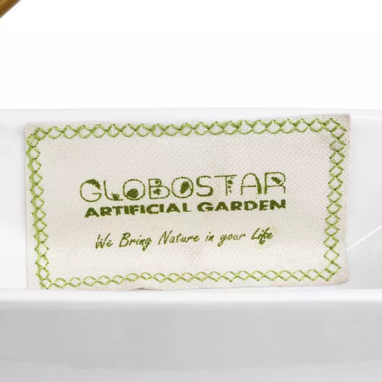 GloboStar® Artificial Garden MANDRITE 20556 Διακοσμητικό Κεραμικό Κασπώ Γλάστρα - Flower Pot Λευκό με Χρυσό Μεταλλικό Πλέγμα και Καφέ Ξύλινη Βάση Μ18 x Π10 x Υ18cm