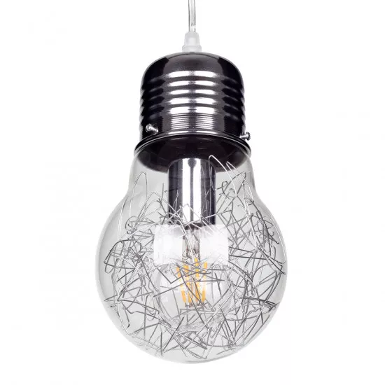 GloboStar® LAMP 01676 Μοντέρνο Κρεμαστό Φωτιστικό Οροφής Μονόφωτο Ασημί Νίκελ Μεταλλικό Διάφανο Γυαλί Φ15 x Υ27cm