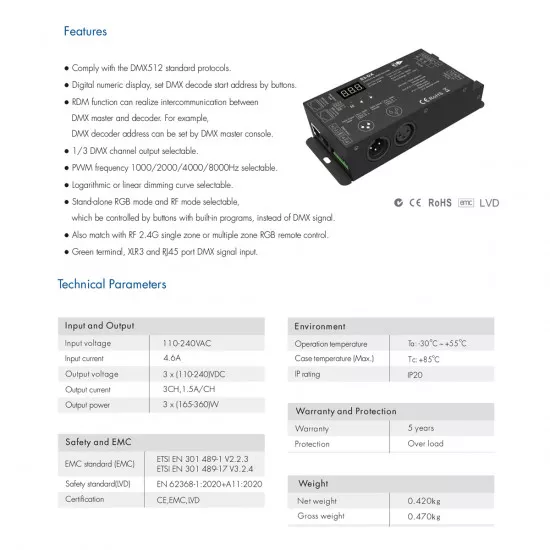 GloboStar® 73144 S3-DX SKYDANCE AC DMX512 High Voltage LED Strip Decoder 3 Καναλιών AC 110-240V 3 x 1.5A 360W - Max 4.6A 360W - IP20 Π16.5 x Π7 x Υ3.7cm - 5 Χρόνια Εγγύηση