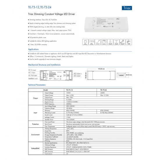 GloboStar® 73130 TE-75-24 SKYDANCE AC Triac Dimmer Push Dimming 1 Κανάλι AC 200-240V 1 x 3.125A 75W - Max 3.125A 75W - IP20 Μ18 x Π5.7 x Υ3cm - 5 Χρόνια Εγγύηση