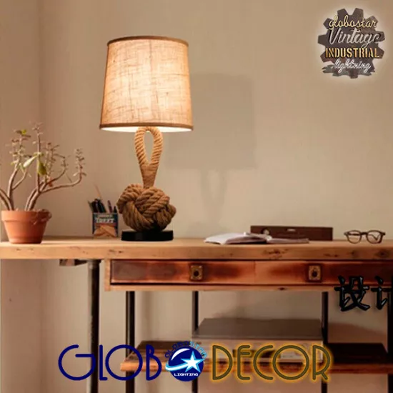 Vintage Επιτραπέζιο Φωτιστικό Πορτατίφ Μονόφωτο με Μπεζ Σχοινί και Καπέλο Φ29 GloboStar MONKEY FIST 01162