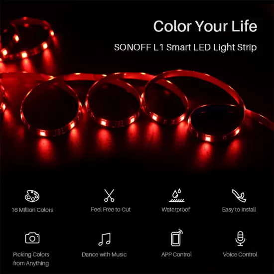 Wi-Fi Smart RGB LED Light Strip SET 5M Waterproof IP65 SONOFF L1-5M-EU-GR-R2