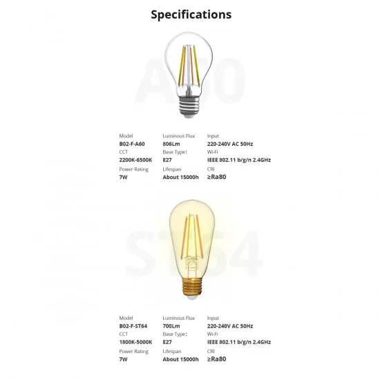Wi-Fi Smart LED Filament Bulb E27 A60 7W 806lm AC 220-240V CCT Change from 2200K to 6500K Dimmable SONOFF B02-F-A60-R2