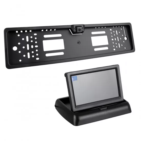 GloboStar® 86013 Πλαίσιο Πινακίδας Αυτοκινήτου με Ενσωματωμένη Αδιάβροχη Κάμερα Οπισθοπορείας 720p HD CMOS Signal 170° DC 12V και Πτυσσόμενη Οθόνη 4.3"