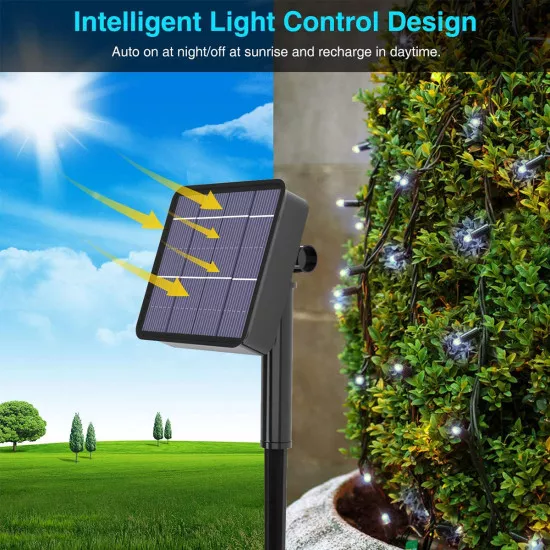 Γιρλάντα LED Μπαταρίας  10 Μέτρων με Controller 8 Προγραμμάτων Φωτισμού - 100 LED 4W με Ενσωματωμένη Μπαταρία 600mAh - Φωτοβολταϊκό Πάνελ - Αισθητήρα Ημέρας-Νύχτας - Βάση Κήπου & Σκούρο Πράσινο Καλώδιο Αδιάβροχη IP65 Ψυχρό Λευκό 6000K Μ10m GloboStar® 