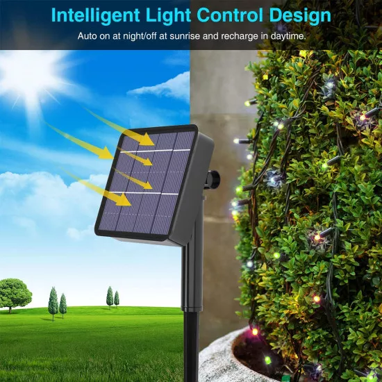 Γιρλάντα LED Μπαταρίας  10 Μέτρων με Controller 8 Προγραμμάτων Φωτισμού - 100 LED 4W με Ενσωματωμένη Μπαταρία 600mAh - Φωτοβολταϊκό Πάνελ - Αισθητήρα Ημέρας-Νύχτας - Βάση Κήπου & Σκούρο Πράσινο Καλώδιο Αδιάβροχη IP65 Πολύχρωμη RGB Μ10m GloboStar® 8580