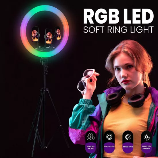 Digital Ring Light Φ36cm LED SMD 50W 5000lm 180° DC 5V με Καλώδιο Τροφοδοσίας USB - Ενσωματωμένο και Ασύρματο Χειριστήριο RF 2.4Ghz Εναλλαγής Χρωμάτων & 3 Βάσεις Τηλεφώνου - Πολύχρωμο RGBW+WW Dimmable