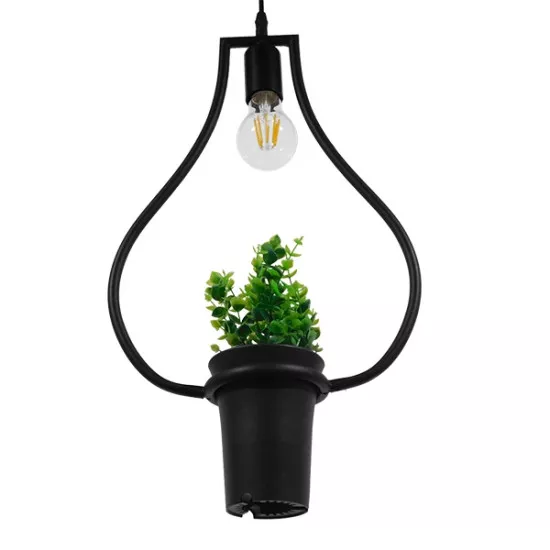 GloboStar® FLOWERPOT 10001210 Μοντέρνο Κρεμαστό Φωτιστικό Οροφής Μονόφωτο Μαύρο Μεταλλικό με Διακοσμητικό Φυτό Φ27 x Y40cm