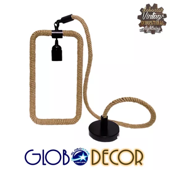 GloboStar® LEILA 10001237 Vintage Industrial Κρεμαστό Φωτιστικό Οροφής Μονόφωτο Μαύρο Μεταλλικό με Μπεζ Σχοινί Μ33 x Π18 x Υ22cm