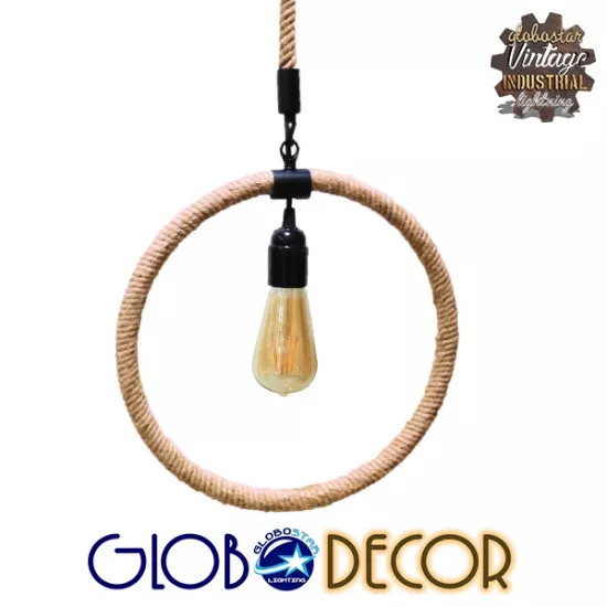 GloboStar® OSLO 10001239 Vintage Industrial Κρεμαστό Φωτιστικό Οροφής Μονόφωτο Μαύρο Μεταλλικό με Μπεζ Σχοινί Μ34 x Π22 x Υ34cm