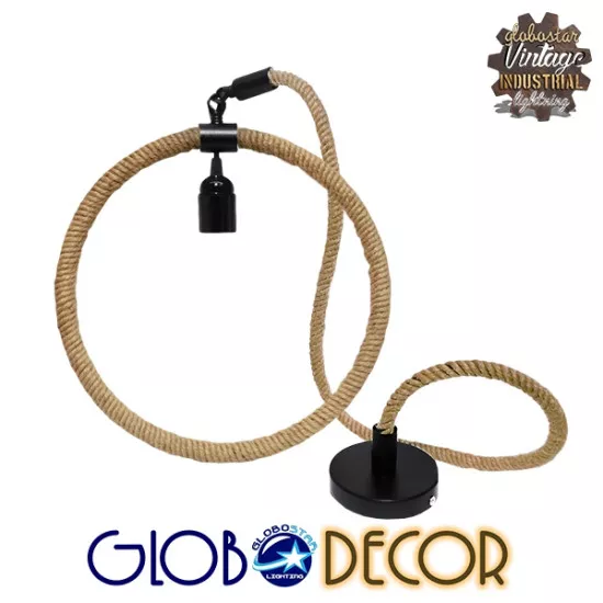 GloboStar® OSLO 10001239 Vintage Industrial Κρεμαστό Φωτιστικό Οροφής Μονόφωτο Μαύρο Μεταλλικό με Μπεζ Σχοινί Μ34 x Π22 x Υ34cm