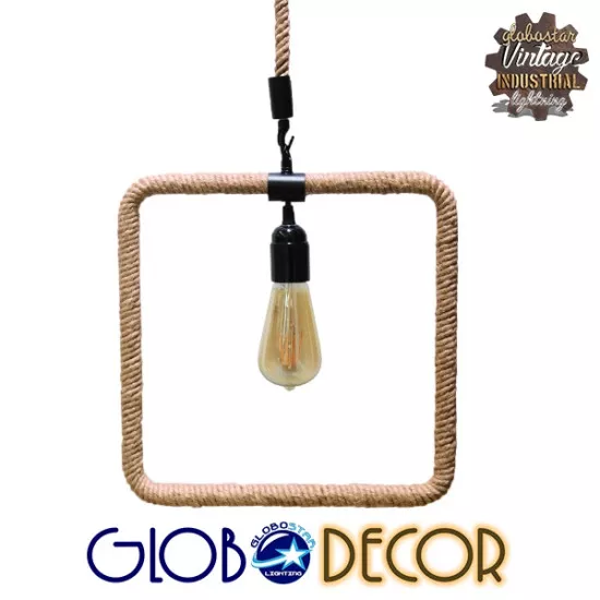 GloboStar® MALVERN 10001240 Vintage Industrial Κρεμαστό Φωτιστικό Οροφής Μονόφωτο Μαύρο Μεταλλικό με Μπεζ Σχοινί Μ33 x Π22 x Υ33cm