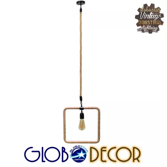 GloboStar® MALVERN 10001240 Vintage Industrial Κρεμαστό Φωτιστικό Οροφής Μονόφωτο Μαύρο Μεταλλικό με Μπεζ Σχοινί Μ33 x Π22 x Υ33cm