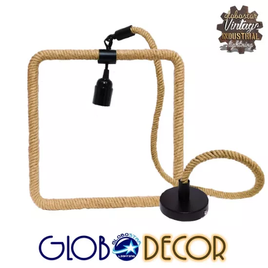 GloboStar® MALVERN 10001240 Vintage Industrial Κρεμαστό Φωτιστικό Οροφής Μονόφωτο Μαύρο Μεταλλικό με Μπεζ Σχοινί Μ33 x Π22 x Υ33cm